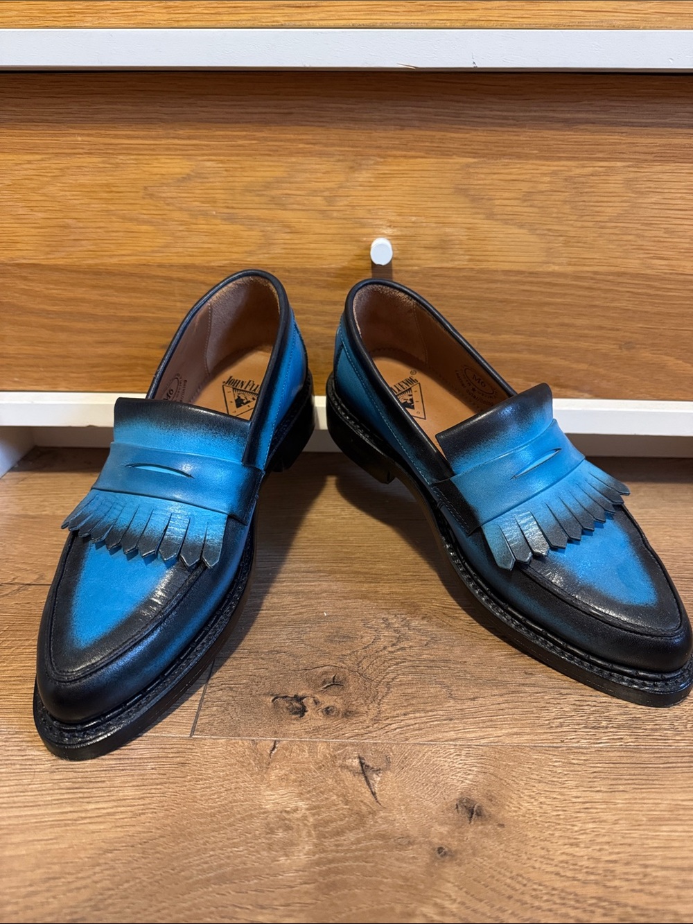 John Fluevog Blue and Black Leather Kiltie Loafers Sz 8W